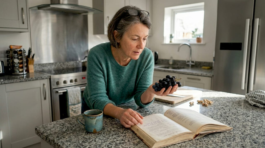 Woman examining grapes and blueberries in kitchen