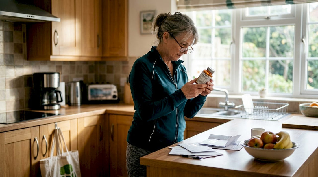 Older woman reading supplement label in kitchen