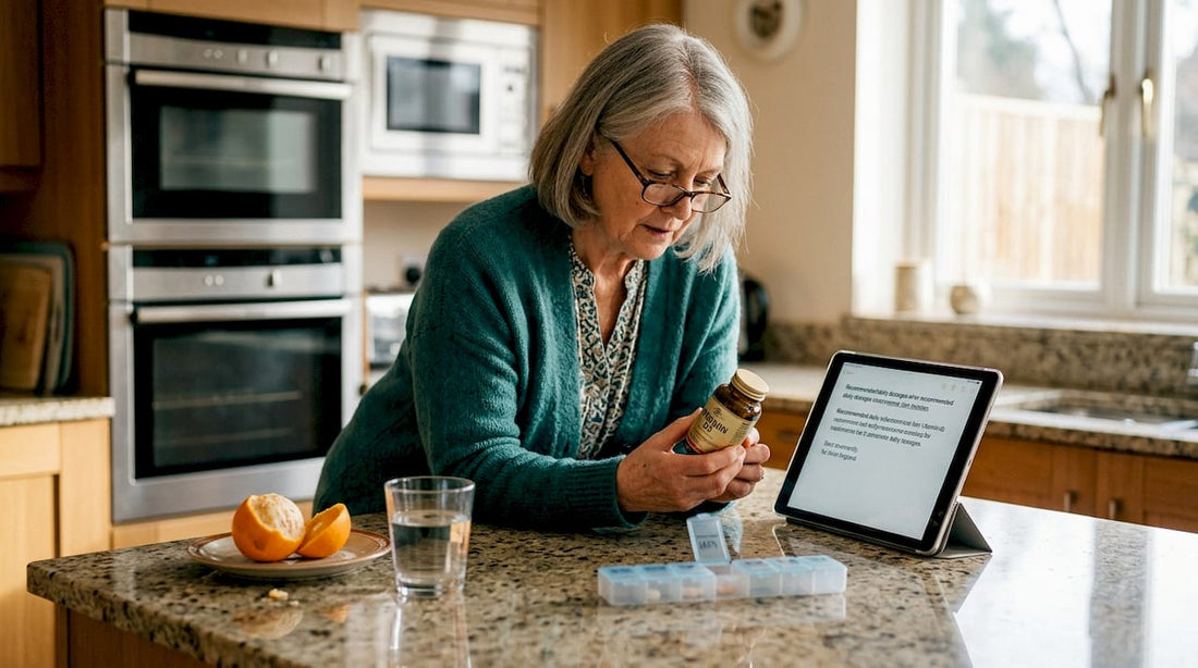 Older woman reviewing supplement label in kitchen