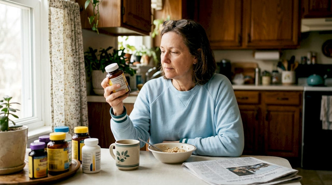 Woman reviews multivitamin at kitchen table