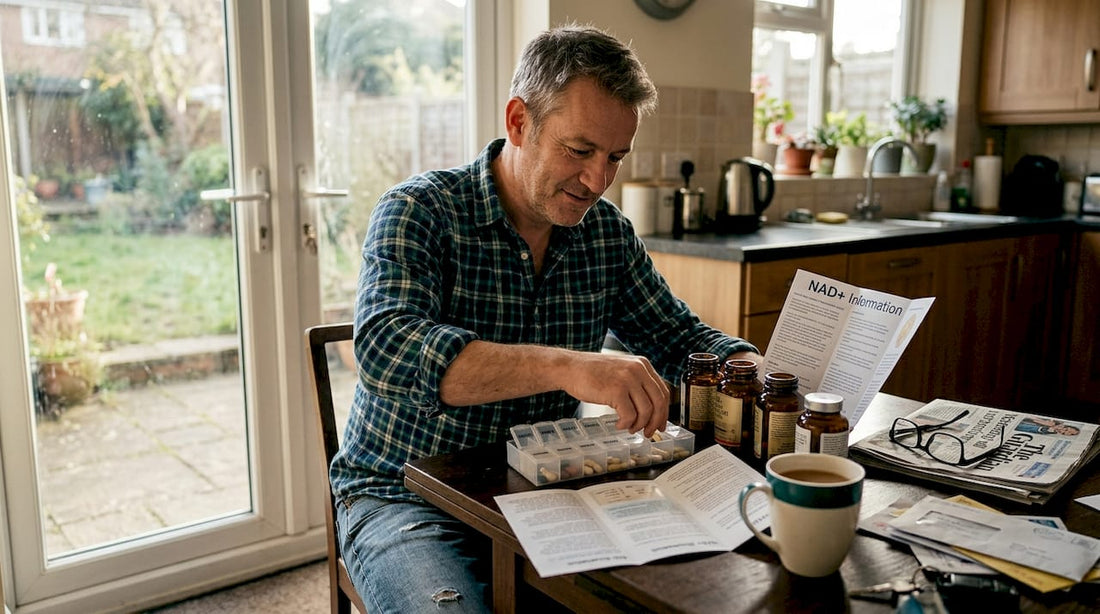 Man fills supplement organizer at kitchen table