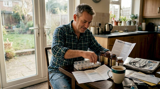 Man fills supplement organizer at kitchen table