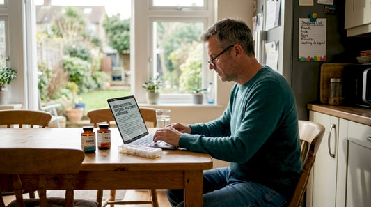Man researching heart health supplements in kitchen