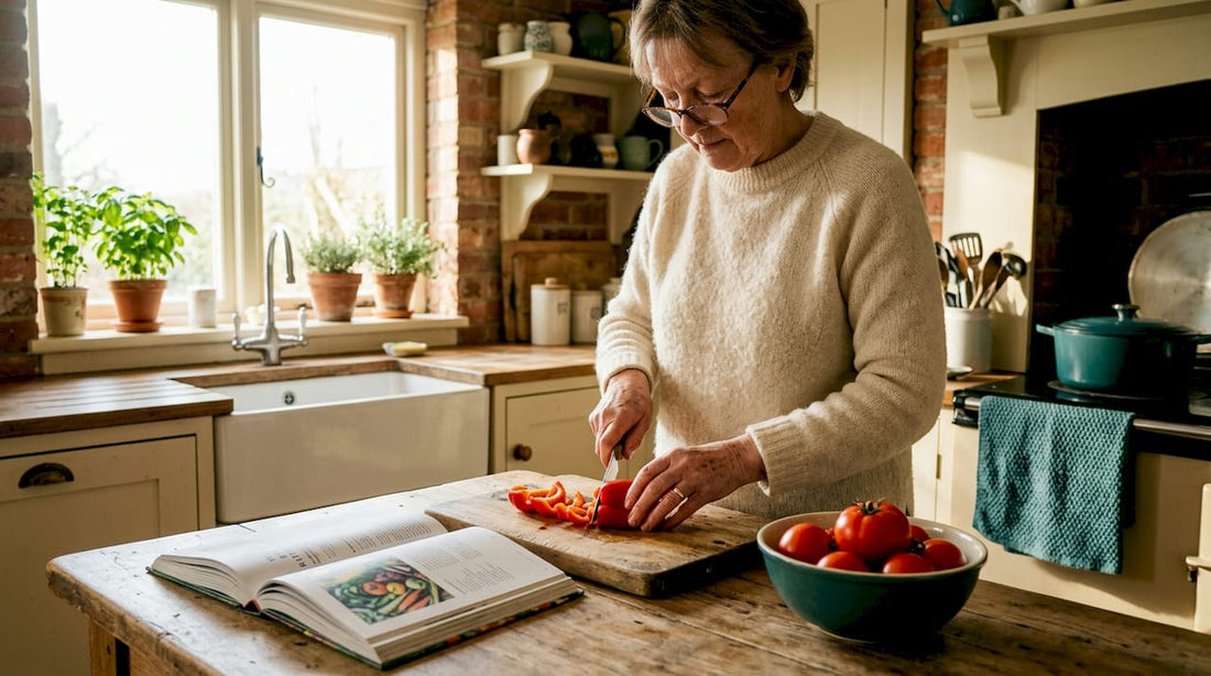 Elderly woman chopping vegetables in home kitchen