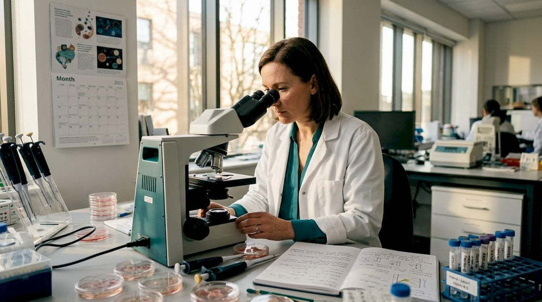Scientist examining cell samples under microscope