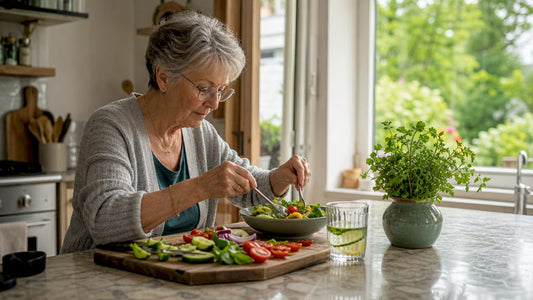 Elderly woman preparing healthy meal