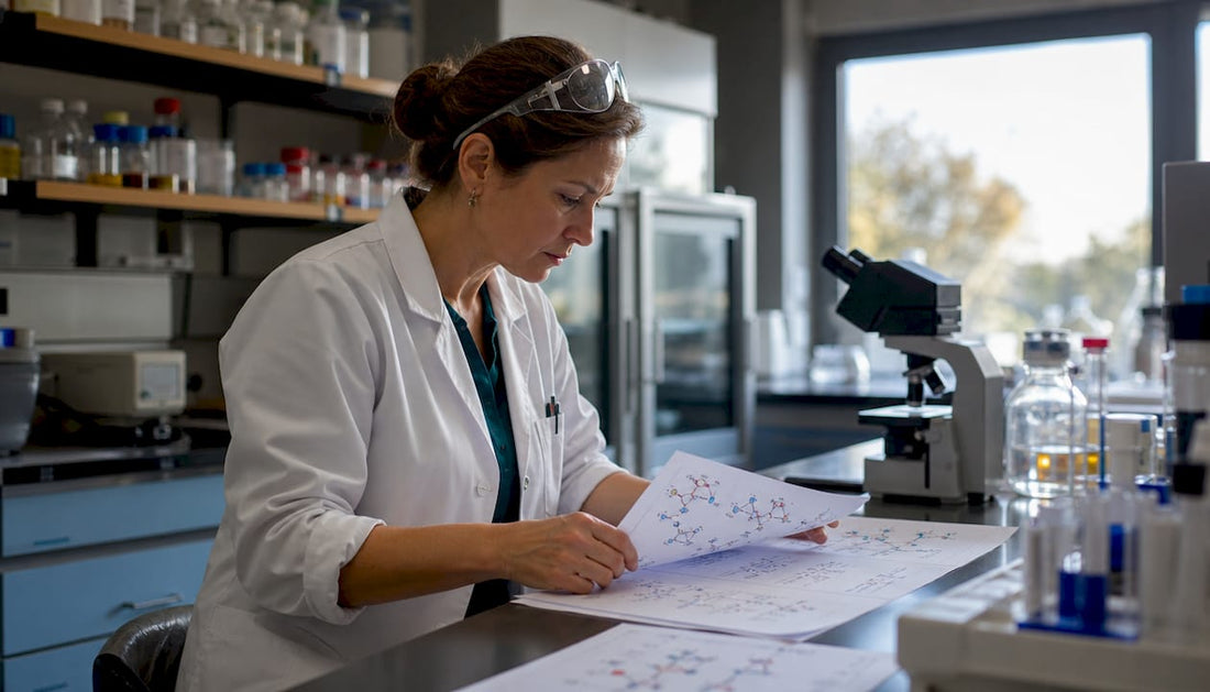 Scientist analyzing oxidative damage charts in lab