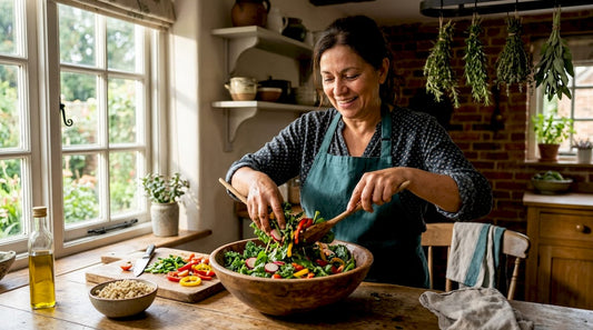 Woman preparing fiber-rich vegetable salad