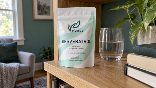 Vivetus resveratrol supplement on a home shelf