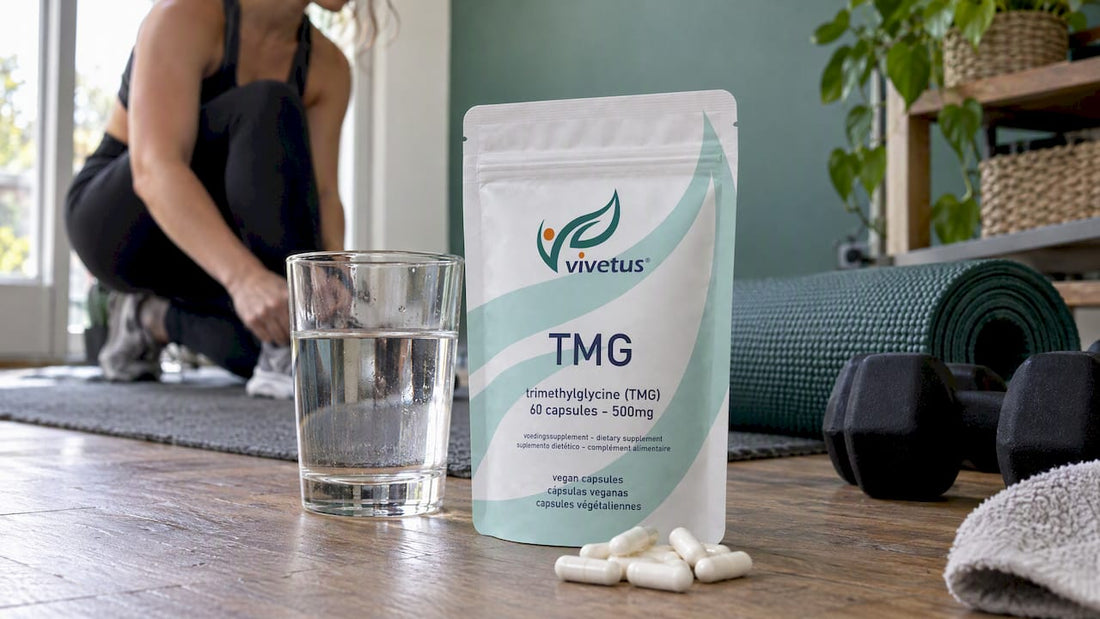 Vivetus TMG capsules beside home exercise equipment